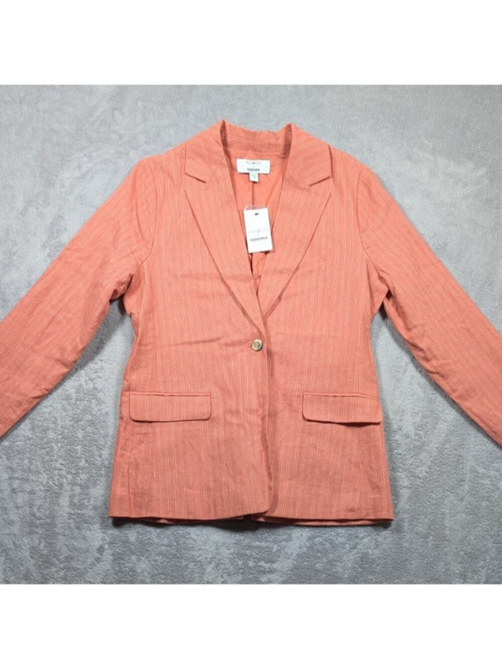 Sonoma Collaboration Linen Blend Blazer Jacket Womens Sz Medium Pink Pin Striped
